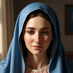Naklejka premium Portrait of a Young Woman in Blue Veil Biblical Style