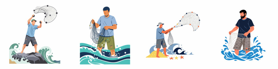 Set of flat vector illustrations showing fishermen casting nets and standing in ocean waves, representing traditional maritime activities and coastal life. © Slamet