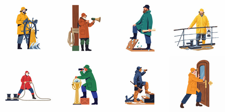 Flat illustration set of sea captains and sailors in colorful waterproof raincoats performing various maritime activities on a ship.