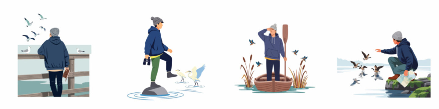 Vector illustration set of a young man exploring nature, bird watching at the shore, on a pier, and in a small boat.