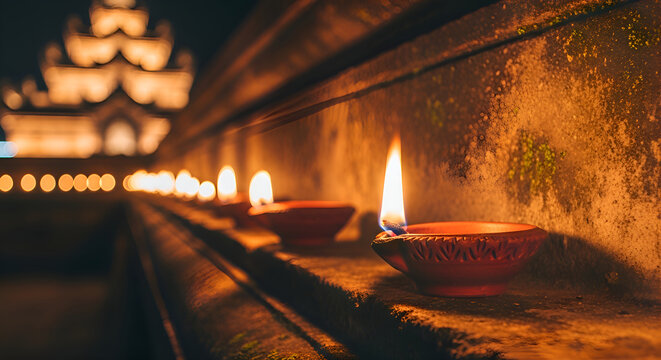 Traditional clay oil lamps glowing at Buddhist temple at night with blurred background