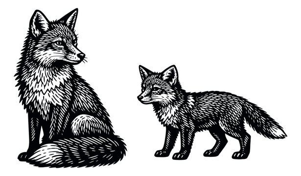 Hand drawn line art fox set featuring a sitting and a standing fox for nature designs