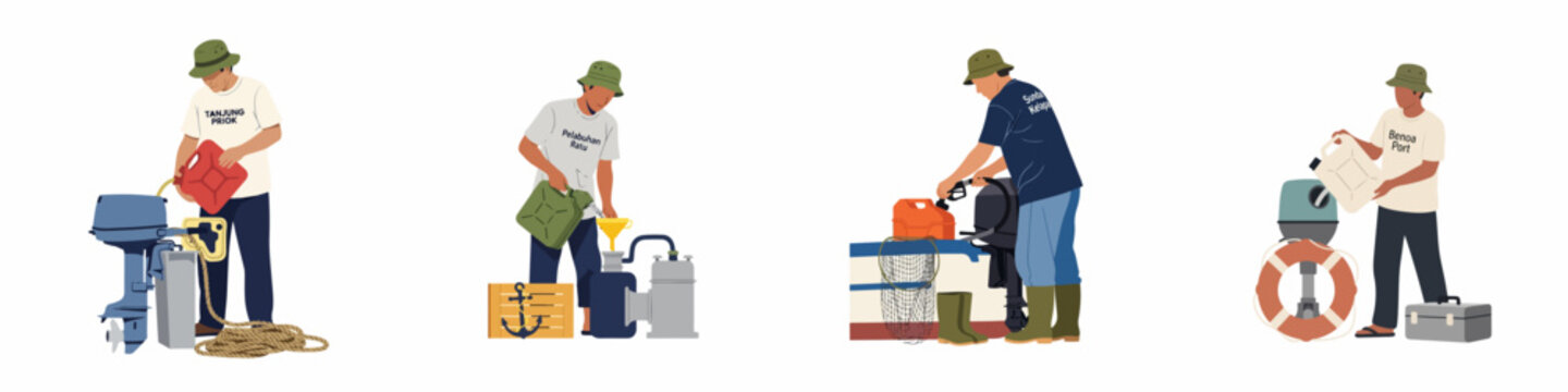 Set of flat illustrations featuring port workers refueling outboard boat motors in various Indonesian ports, including Tanjung Priok and Benoa.