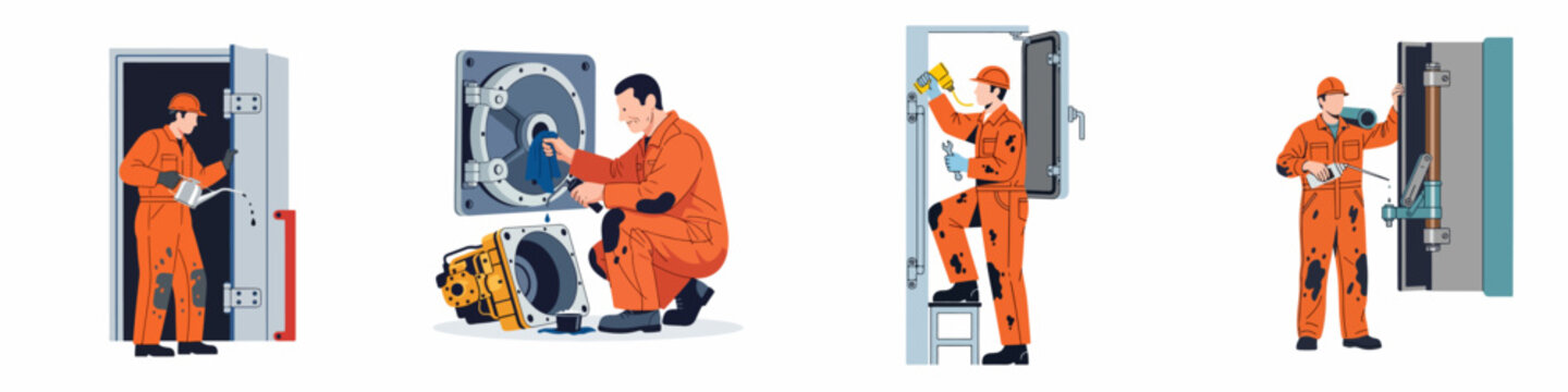 Set of illustrations showing professional technicians in orange overalls performing industrial maintenance and lubrication on heavy mechanical equipment and vault doors.