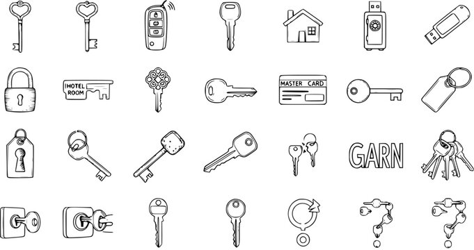 Hand-Drawn Icons: Keys, Locks, Security, and Access Objects Collection