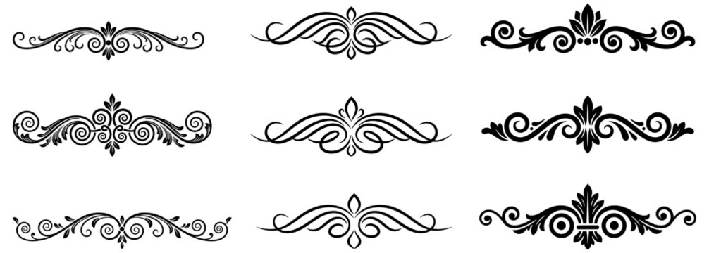 Calligraphic swirl floral ornaments. Modern swirling flourishes, wreath, romantic card decorative swirl and wedding card decor curls swirls dividers set. Black curly thin lines