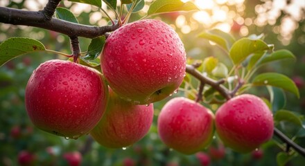 Obraz premium Ripe Red Apples Hanging From A Fruit Tree Branch