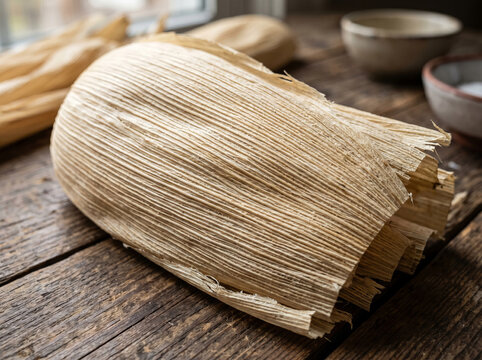 Stack of dried corn husks for traditional tamales