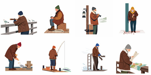 Fototapeta premium Set of Illustrations Featuring an Elderly Sailor Engaged in Various Coastal Activities Like Fishing, Navigating, and Observing the Sea