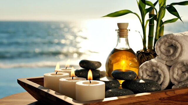 Spa wellness items with burning candles on sunny beach