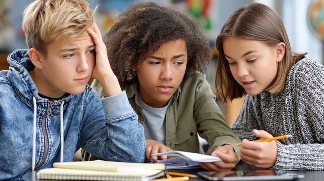 Group of focused teenagers studying together and solving a difficult task in a classroom environment