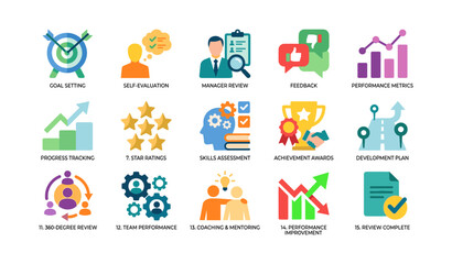 Naklejka premium Performance review icons displayed in grid on white background