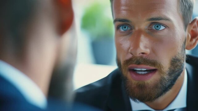 A man dressed in a suit looking attentively at another person during a conversation.