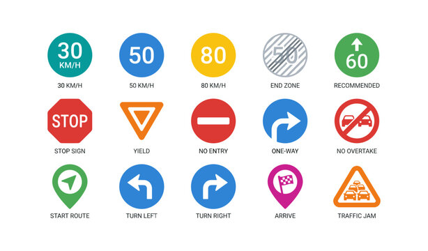 Traffic sign icons displaying speed limits and directions on white