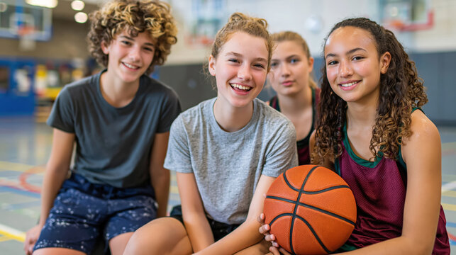 Group of teenage friends smiling together in a gym, girl holding a basketball