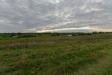Fototapeta premium Cloudy sky above a tranquil field near water at sunset in a rural landscape