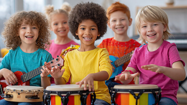 Happy young children playing various musical instruments together in a music room