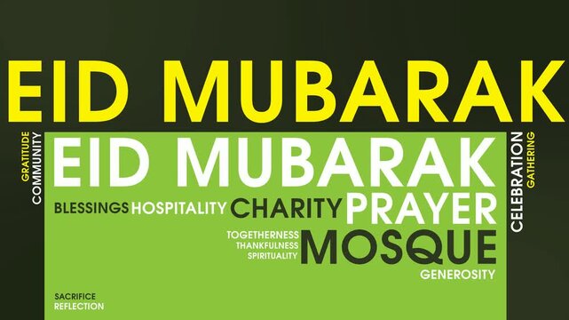 Bold Eid Mubarak Word Cloud Animation Shameless Loop. Eid Mubarak Kinetic Typography Bold Theme