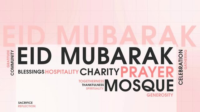 Soft Eid Mubarak Word Cloud Animation Shameless Loop. Eid Mubarak Kinetic Typography Soft Theme