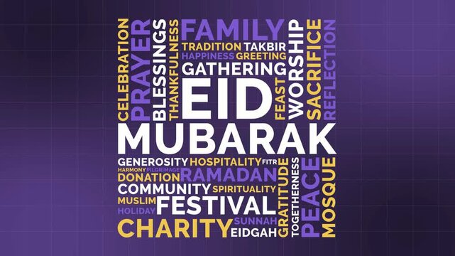 Vibrant Eid Mubarak Word Cloud Animation Shameless Loop. Eid Mubarak Kinetic Typography Vibrant Theme