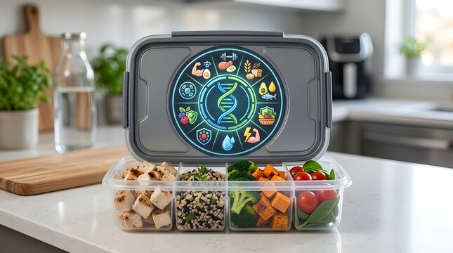 A plastic container with various food and a DNA symbol on the lid, representing personalized nutrition and healthy eating, sits on a kitchen counter.