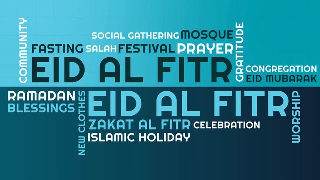 Blue Eid Al Fitr Word Cloud Animation Shameless Loop. Eid Al Fitr Kinetic Typography Fresh Theme