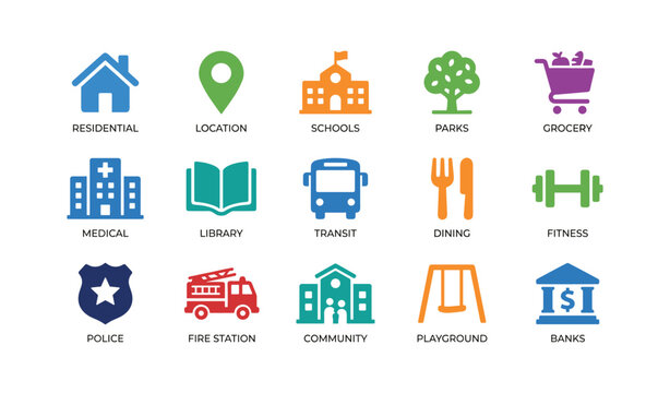 Local amenity icons representing community services on white background