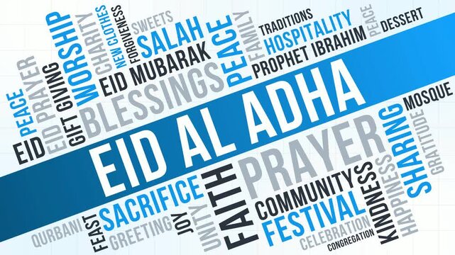 Blue Eid Al Adha Word Cloud Animation Shameless Loop. Eid Al Adha Kinetic Typography Vibrant Theme