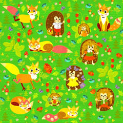 Naklejka premium Seamless pattern with animals in summer forest. Cute hedgehogs and foxes among flowers, berries, leaves, mushrooms and trees