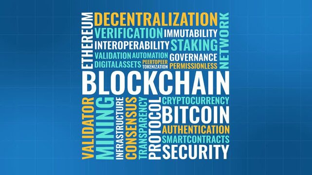 Vertical Blockchain Word Cloud Animation Shameless Loop. Blockchain Kinetic Typography Vibrant Theme