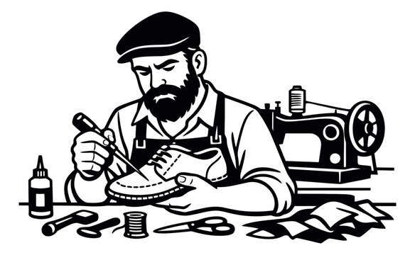 Vintage line art illustration of a shoemaker depicting crafting a shoe for a repair workshop