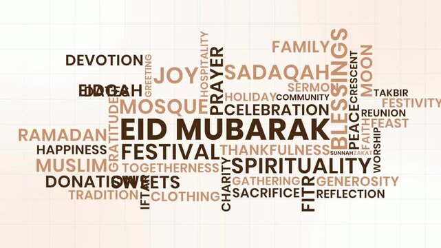Festival Eid Mubarak Word Cloud Animation Shameless Loop. Eid Mubarak Kinetic Typography Vibrant Theme