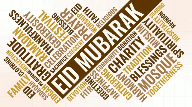 Diagonal Eid Mubarak Word Cloud Animation Shameless Loop. Eid Mubarak Kinetic Typography Warm Theme