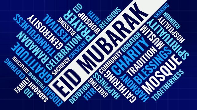 Blue and White Eid Mubarak Word Cloud Animation Shameless Loop. Eid Mubarak Kinetic Typography Vibrant Theme