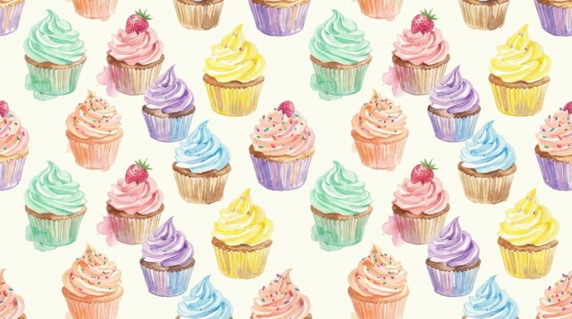 Colorful Watercolor Cupcake Pattern Featuring Various Flavors and Designs on Cream Background