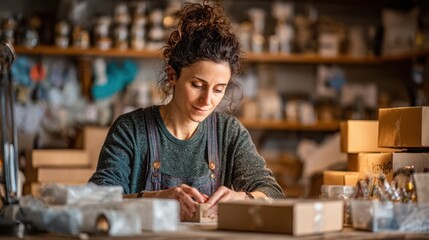 Fototapeta premium Crafting Boxes for Shipping: A focused artisan woman is carefully wrapping a small box, surrounded by stacks of similar packaging in her workshop, preparing orders for distribution.