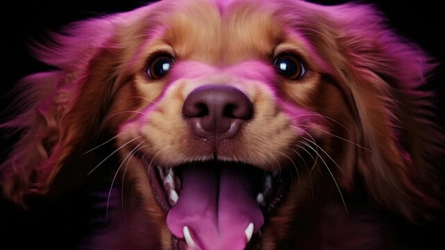 Wagging tail and smiling face of a dog against purple background