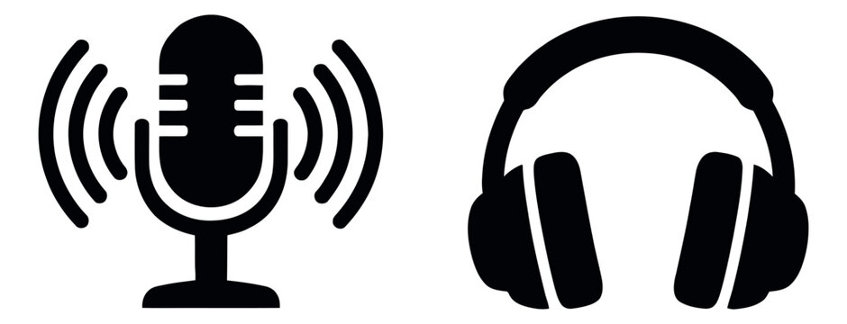 Bold icon set featuring a microphone emitting sound waves and over-ear headphones for digital audio
