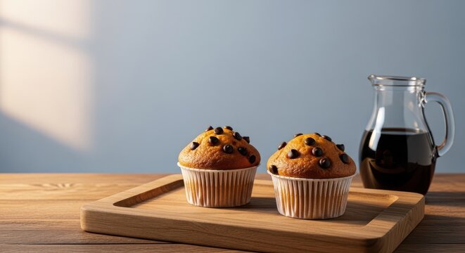 Two delicious chocolate chip muffins on a wooden board next to a glass pitcher of coffee