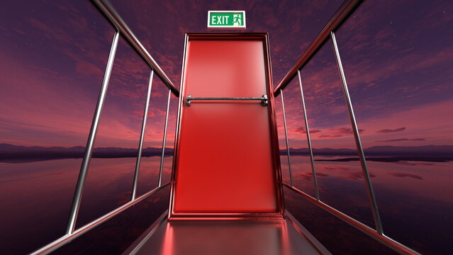 red exit door is placed on a metal platform over water at sunset. sky shows various colors, and reflections can be seen on the water surface. There are mountains in the distance. 3d render