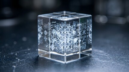 Obraz premium A transparent glass cube with intricate circuit board designs etched onto its surface sits on a dark gray table.