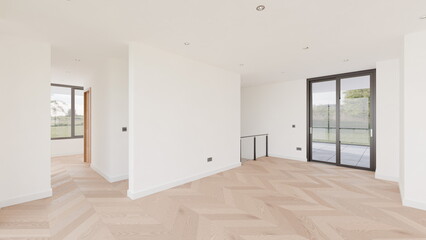 Obraz premium Spacious area in a modern house shows a layout with wooden flooring. Large windows provide natural light. setting is bright and uncluttered, suggesting a new build. 3d render