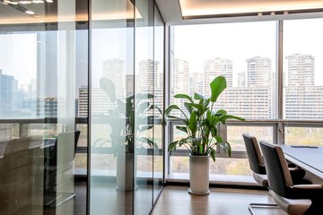 Fototapeta premium Modern office meeting room with glass walls, indoor plant and panoramic city view