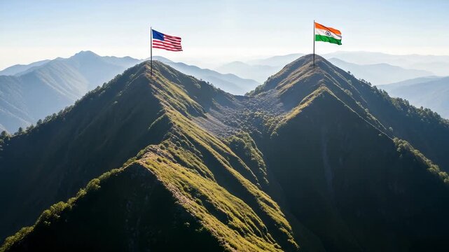 National Flags on Mountain Peaks at Sunrise Landscape