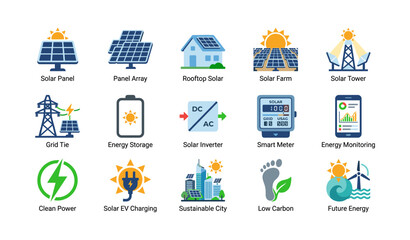 Obraz premium Solar energy icons displaying concepts on white background