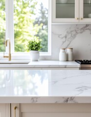 Fototapeta premium Sparkling Marble Kitchen Counter with Lush Green Outdoor View
