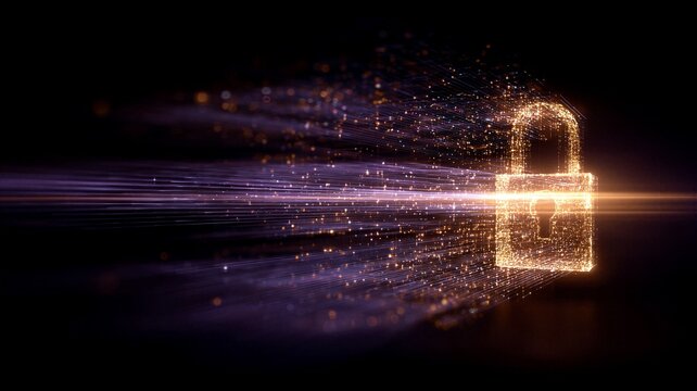Golden glowing padlock silhouette dissolving into digital data particles on a black background. Information leakage prevention, recovery, and cyber defense technology concept.