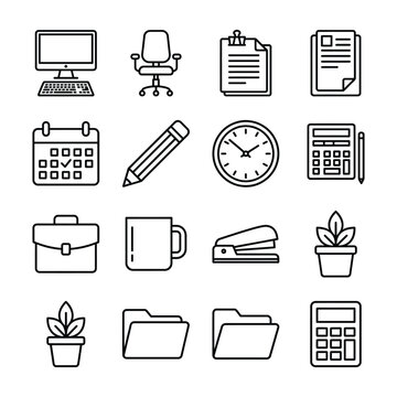 Collection of sixteen office and business icons for daily work and organization with office chair potted plant data entry web design vector illustration computer keyboard document clipboard