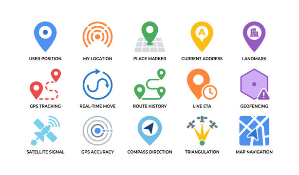 Navigation icons showing gps and mapping symbols on white background