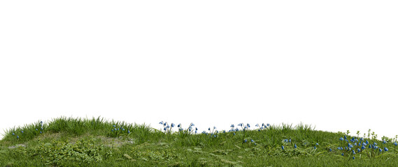 Naklejka premium Grass covers a slope, with patches of small blue flowers scattered among the greenery. scene shows clear skies and bright light during daytime in an outdoor area. 3d render